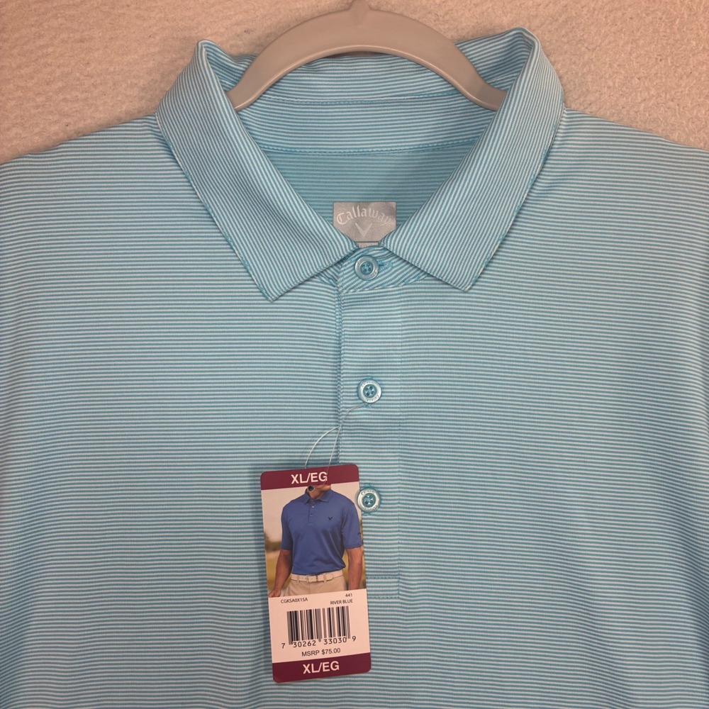 Callaway Opti-Dri Polo Shirt Men XL Blue Striped Golf Athletic Stretch Prep NWT
